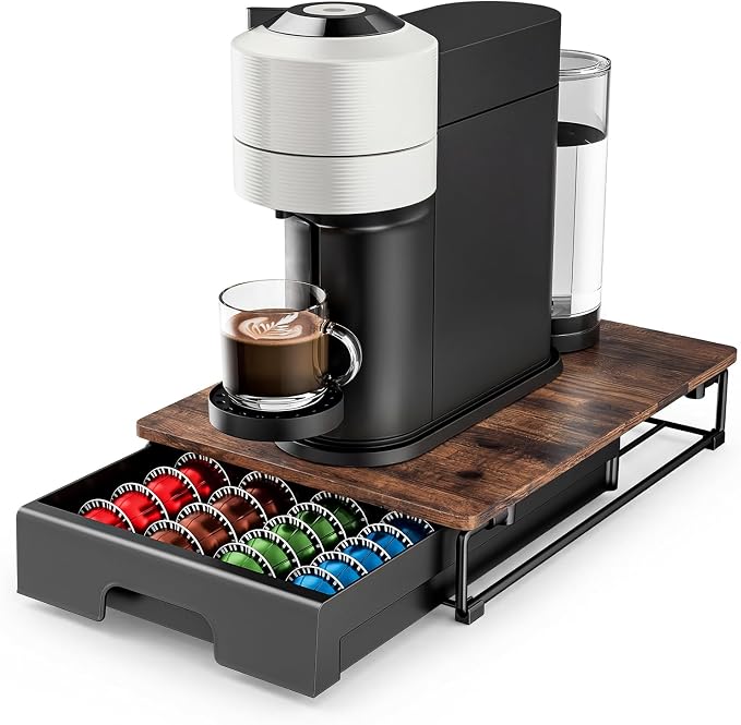 EVERIE Wooden Coffee Pod Storage Drawer for Nespresso VertuoLine Capsules, Large Capacity Countertop Coffee Station Organizer, Rustic Brown