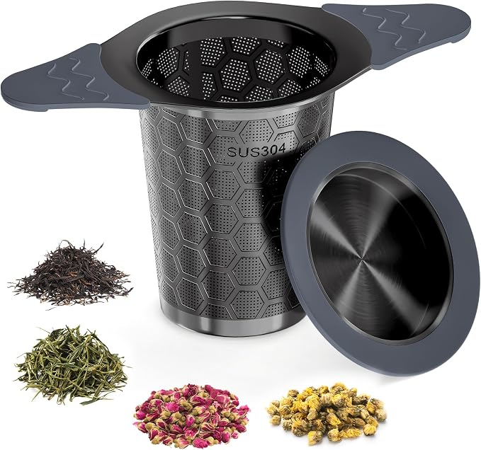 Tea Infuser for Loose Leaf Tea,Stainless Steel Tea Strainer with Silicone Handles,Extra Fine Mesh Tea Strainers for Loose Tea Filter Fine Tea Leaves Effectively,Fits TeaPots/Mugs(Black)