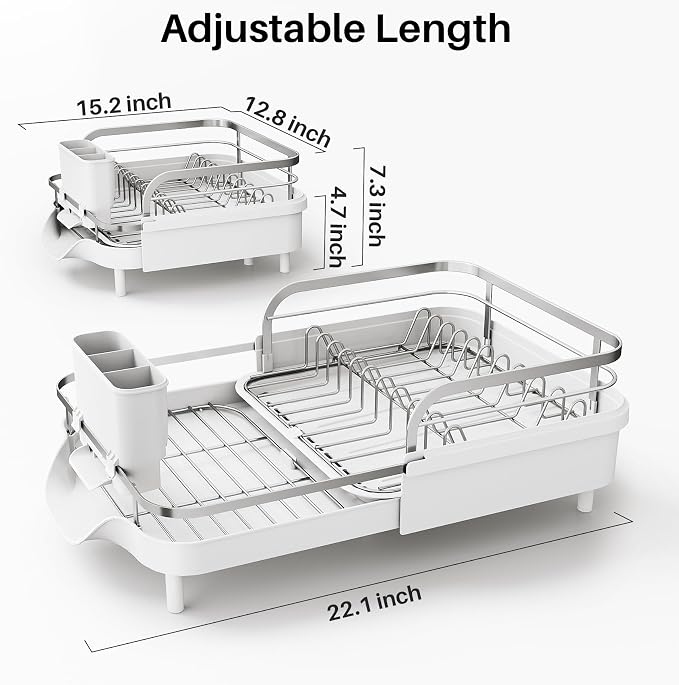 SNTD Expandable Dish Drying Rack for Kitchen Counter, 15.2-22.1 in, White | Rust-Resistant Stainless Steel, Protective Side Rails, Self-Draining Drainboard, Removable Utensil Holder