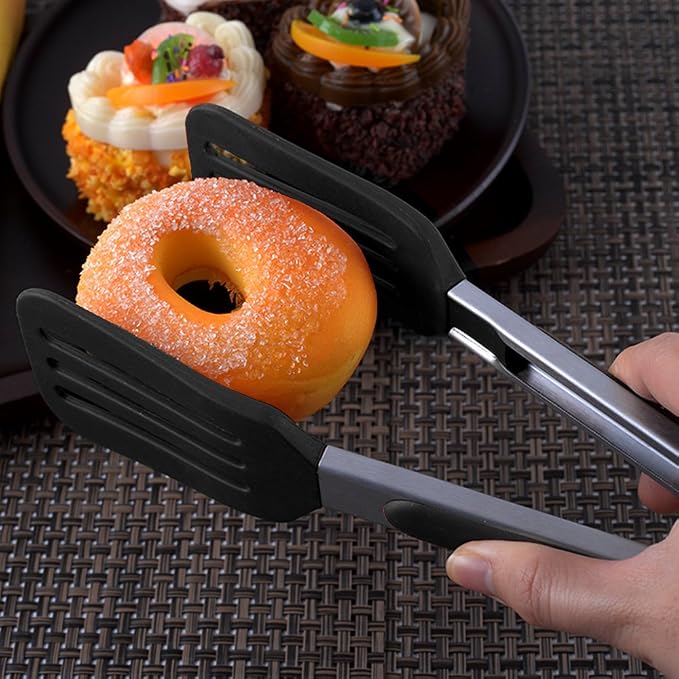 Cooking Tongs 9" and 12" Stainless Steel Kitchen Silicone Serving Tongs | Heat Resistant Meat Turner Spatula Tong Fish Tongs for Grilling Steak Salad Pasta Buffet Serving (Black)