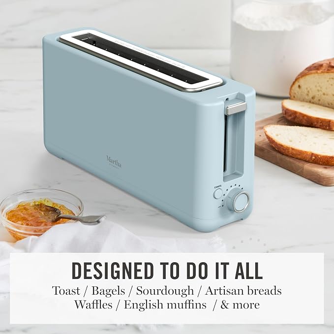 Martha Stewart 2 Slice Long Slot Toaster, Extra Wide, Sky Blue | 10 Shade Settings, 10” Wide Slot, Sourdough, Bagels, Artisan Bread & Waffles, Smart Centering, Removable Crumb Tray