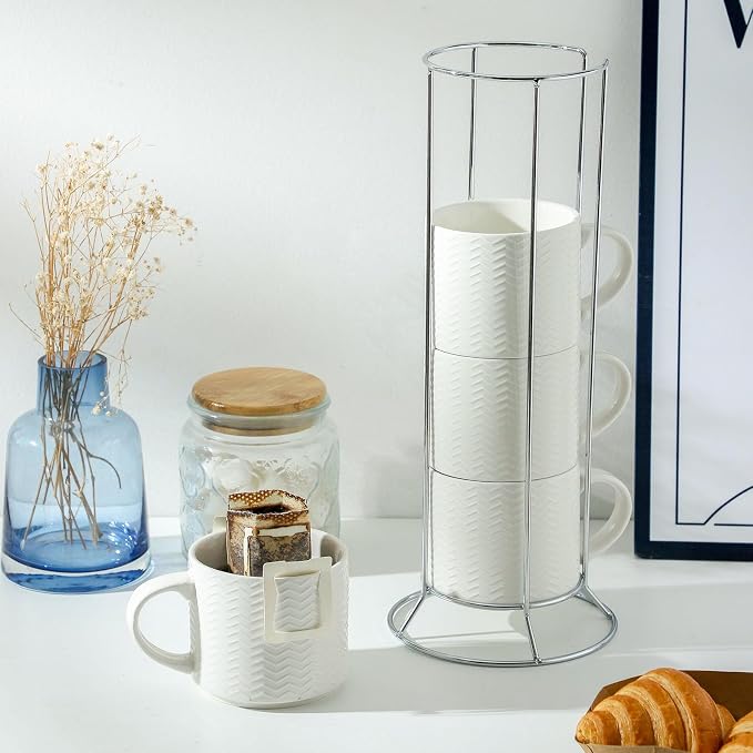 HASENSE 12oz Stackable Coffee Mug Set of 4 with Rack, Embossed White | Ceramic Coffee Mugs, Porcelain Coffee Cups for Latte, Cappuccino,Microwave Dishwasher Safe