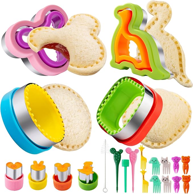 Nifogo Sandwich Cutter for Kids Lunch 22 Pcs (LARGE) | Sandwich Maker, Cookie Cutters and Sealer Set, Stainless Steel, Bread Decruster, Dinosaur Mickey Heart Shape for Boys Girls