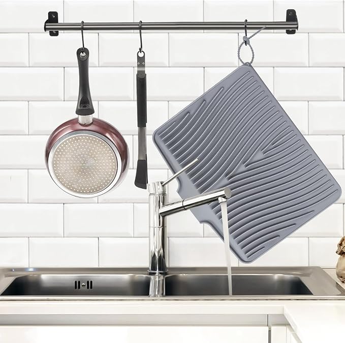 TIKNIK Silicone Dish Drying Mat for Kitchen Counter, Grey-2pcs, 20" x 15" | Heat Resistant & Non-Slip Dish Drain Pad with Built-In Drain, Dishwasher Safe, Quick-Dry, Hangable & Roll-Up for Storage