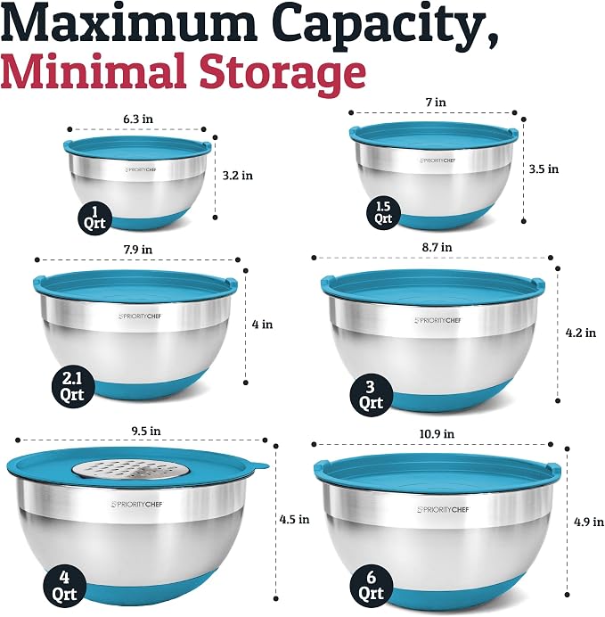 PriorityChef 6pc Stainless Steel Mixing Bowls with Lids Set, 7 Qt Turquoise | Non-Slip Nesting Bowls, 3 Graters and Interior Measurement Marks; For Meal Prep, Baking and Airtight Fridge Storage