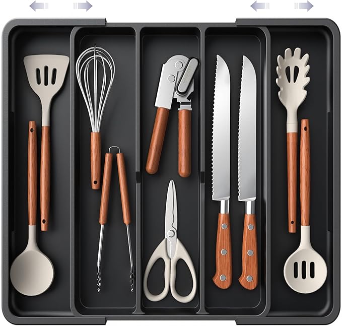 Aujen Silverware Drawer Organizer, Adjustable Utensil Cutlery Tray | Expandable Kitchen Organizer for Forks Knives, Multipurpose Kitchen Storage, Apartment Essentials, Black, X-Large