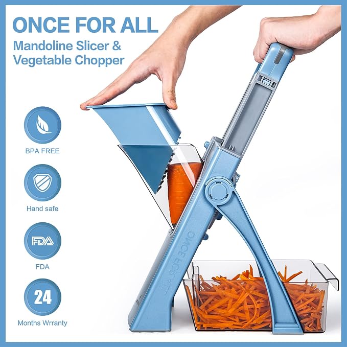 ONCE FOR ALL Upgrade Safe Mandoline Slicer Plus, Bigger Size, SkyBlue | 0.1-8mm Adjustable Vegetable Food Chopper, Potato Fries Cutter, Detachable Blade, Stainless Steel, Dishwasher-safe, Gift