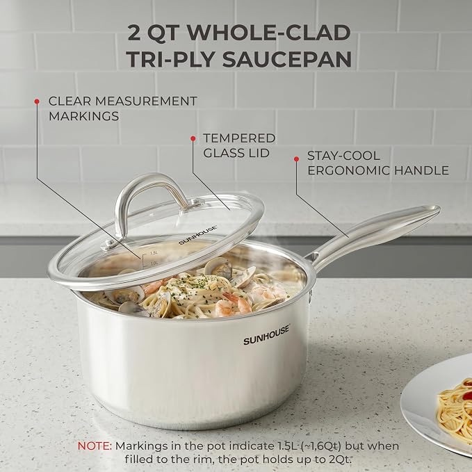 SUNHOUSE 2 QT Sauce Pan with Lid, Full Clad 3-Ply Stainless Steel Saucepan | Small Cooking Pot & Milk Pan - Induction Compatible - PFOA Free, Oven & Dishwasher Safe, Stay-Cool Handle