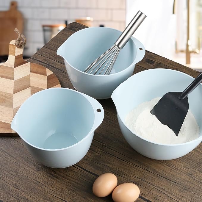 3 Small Plastic Mixing Bowls with Lids,Pour Spout,TPR Base,Mixing Bowl Set | Deep Nesting Small Batter Bowl for Serving,Prep,Baking,Non Slip,Dishwasher Safe,Easy to Grip/Spout,Pale Blue