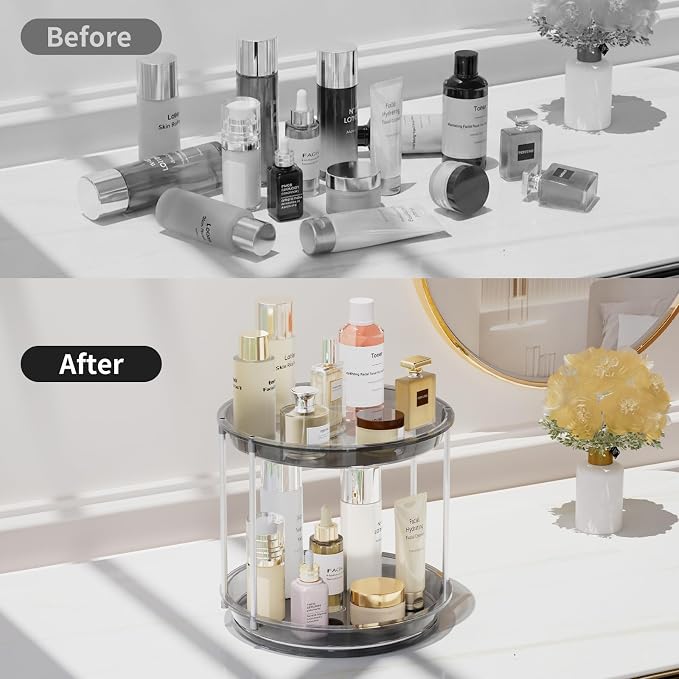 Rotating Makeup Organizer, Perfume Skincare Holder, 2 Tier 9 Inch, Gray | 360° Smooth Spinning Vanity Tray, Large Capacity, Space-Saving Cosmetics Storage for Bathroom Countertop, Dresser