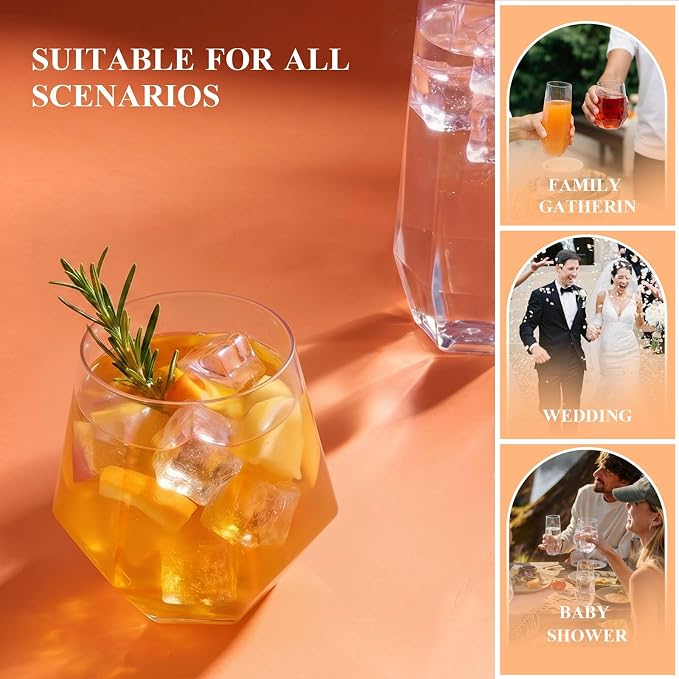 BESTSTAR 48 Pack Clear Plastic Wine Glasses Set BPA-Free Shatterproof | 24 9 OZ Stemless Champagne Flutes & 24 12OZ Diamond Wine Whiskey Glasses, Clear Drinkware for Weddings, Parties & Events
