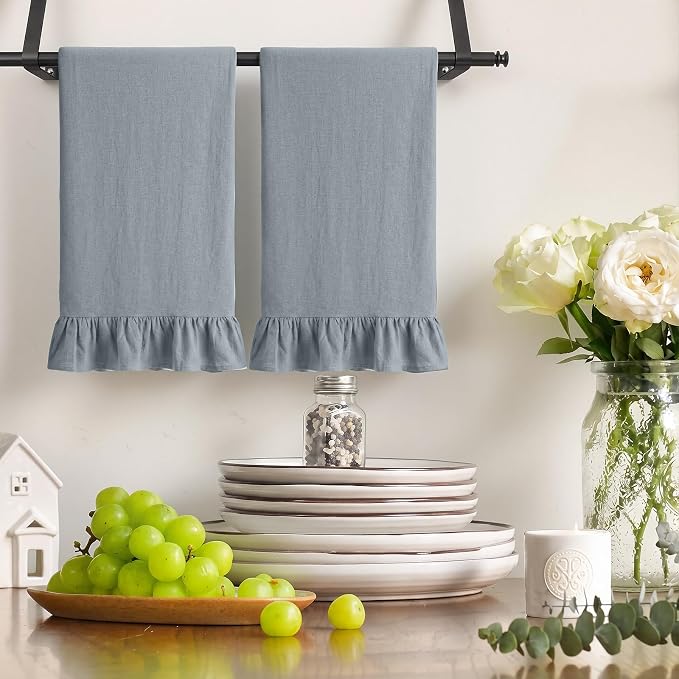 HunnmingRe Dusty Blue Kitchen Towels Set of 2, 100% Cotton Retro Ruffled Dish Towels 18"x28" Absorbent Tea Cloths for Farmhouse Charm, Drying Dishes, Entertaining Guests
