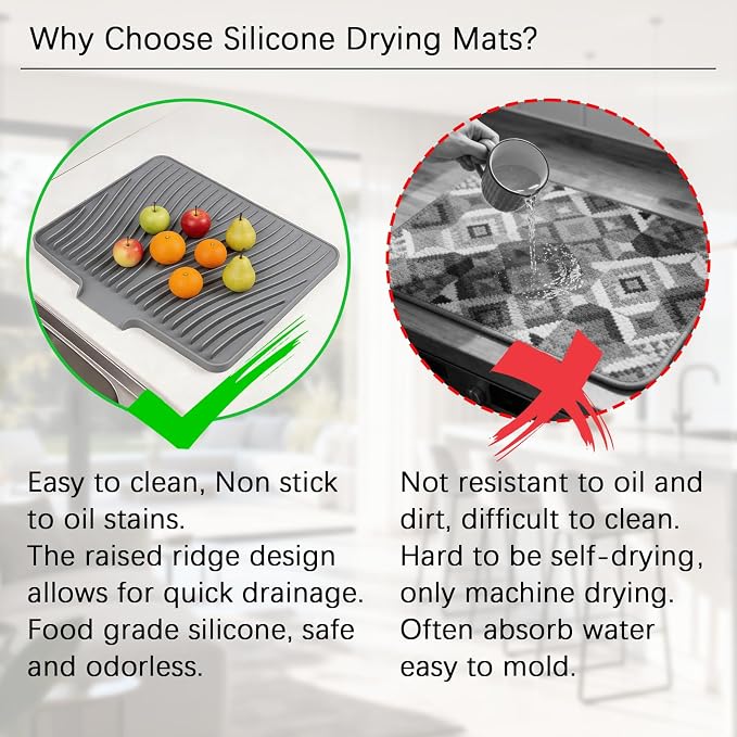 Silicone Dish Drying Mat for Kitchen Counter, Gray-1pcs, 16" x 13" | Heat Resistant & Non-Slip Dish Drain Pad with Built-In Drain, Dishwasher Safe, Quick-Dry, Hangable & Roll-Up for Storage