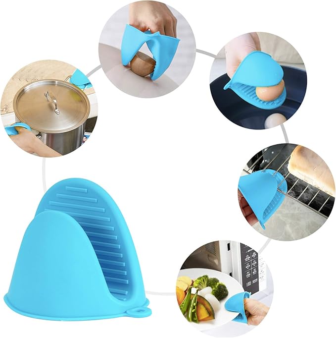 Vaincre 4PCS Heat Resistant Silicone Oven Mitts & Potholders, Blue & Green | Food Grade Silicone, Non-Slip Grip, Waterproof, Mini Size, Flexible, Dishwasher Safe, For Cooking Baking Grilling BBQ