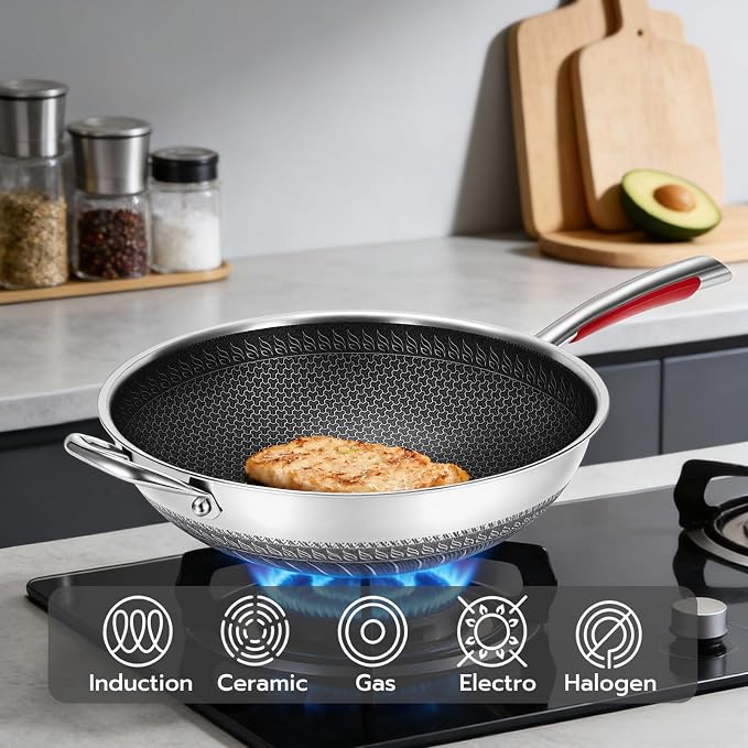 ] 14-Inch Stainless Steel Wok Pan with Glass Lid - Tri-Ply Nonstick Wok & Stir-Fry Pan, PFOA Free Uncoated Cookware for All Cooktops, Induction Compatible, Flat Bottom