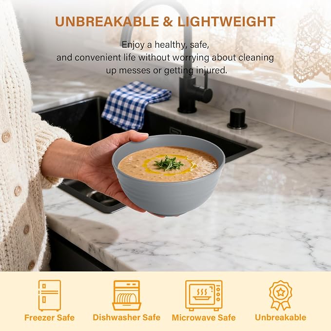 Premium Wheat Straw Bowls 8 PCS Unbreakable Bowl for Kitchen Cereal Bowls Lightweight Bowl Set, Reusable Microwave and Dishwasher Safe Bowl Set for Soup,Ramen,Salad(Grey Stone, 26 OZ)