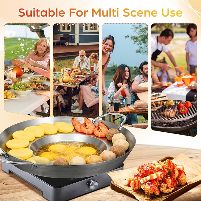 Cabilock Stainless Steel Comal Frying Bowl with Double Handle, Rounded Flat Bottom Paella Pan, Home Wok Pot Non-stick Cooking Pan Kitchen Cookware for Stoves