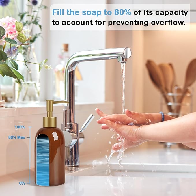 Natheeph 14OZ Ceramic Soap Dispenser Can Fill Liquid for Bathroom, Kitchen | Refillable Hand Soap Dish Soap,Detergent for Kitchen, Bathroom, Soap Pump Dispenser Bottle, Ceramic (Amber)