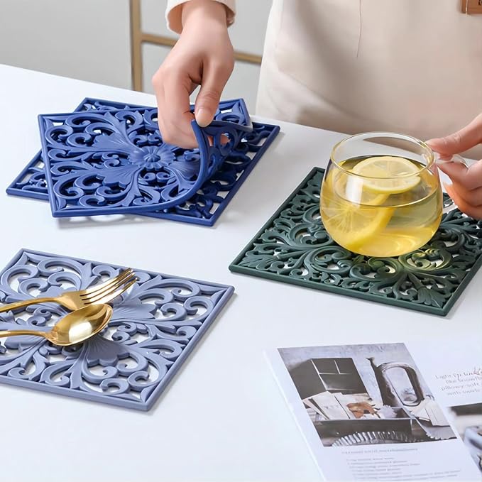 Silicone Trivets Mats for Hot Pots and Pans, Square Microwave Non Slip Mat for Table or Counter, Multi-Use Carved Hot Pads and Mats, Heat Resistant Big Teapot Coaster Set of 3 Teal