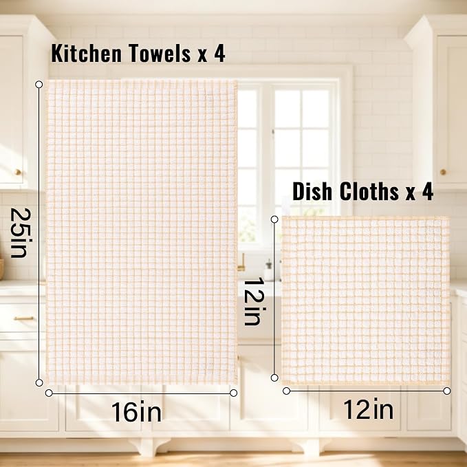 Homaxy Kitchen Towels and Dishcloths Set, Set of 8, Apricot | Cotton Terry Kitchen Dish Towels, Super Soft and Absorbent Dish Cloths, 16 x 25 and 12 x 12 Inches