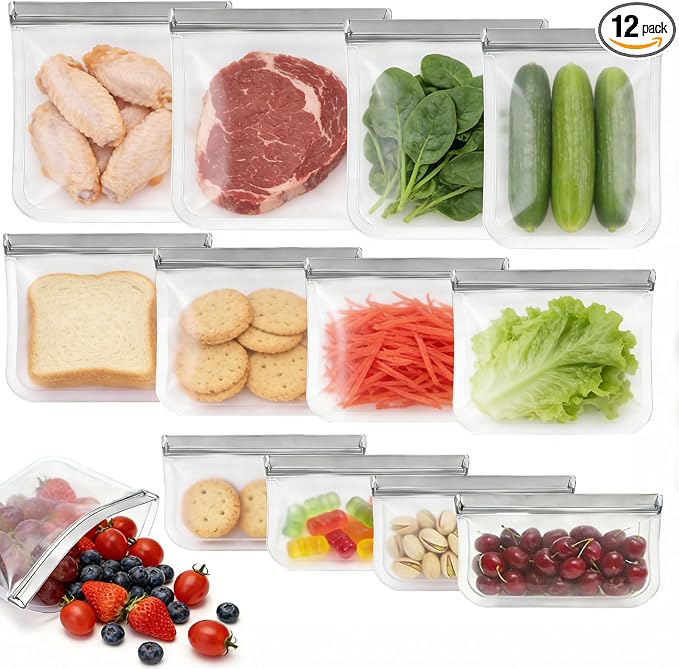 12 Pack Silicone Bags for Food Storage,Reusable Silicone Food Storage Bags,Freezer & Dishwasher Safe,Silicone Gallon Freezer Bags,Leakproof-4 Gallon 4 Snack 4 Sandwich Bags,Grey