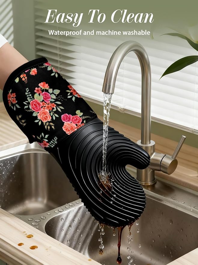 Slohif Long Silicone Oven Mitts Heat Resistant for Women - 2 Pcs Rose 100% Cotton Oven Gloves, Non-Slip and Waterproof Silicone Oven Mitts with Hanger for Baking and Cooking