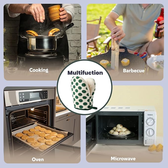 1 Pair Mini Oven Mitts,High Heat Resistant Oven Gloves,Kitchen Short Oven Mit with Hanging Loop for BBQ, Baking, Cooking and Grilling, (dotGreen)