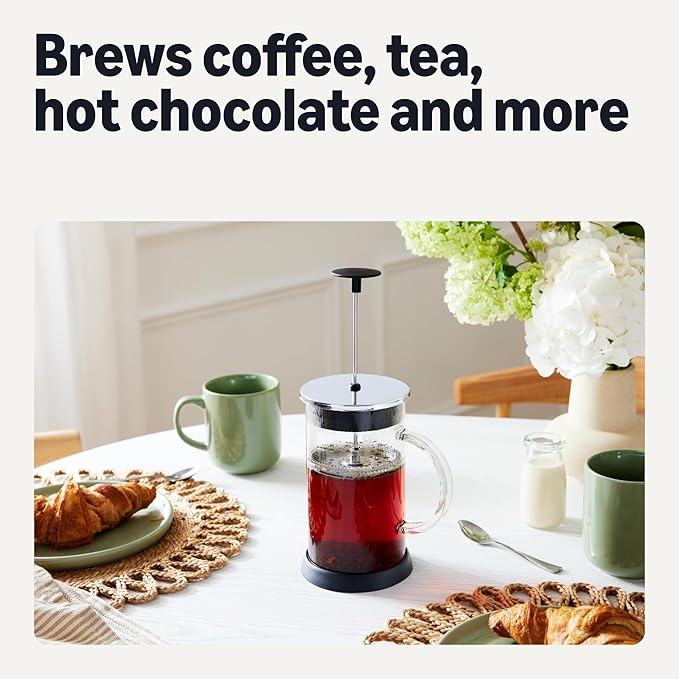 Amazon Basics French Coffee Press, 34 oz., Borosilicate Glass, BPA-Free, Triple Filtration System, Dishwasher-Safe Parts