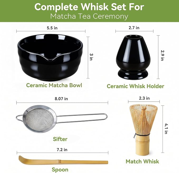 Matcha Whisk Set with Modern Black Ceramic Bowl - Japanese Tea Ceremony Essentials, Includes Bamboo Whisk (Chasen), Holder, Matcha Powder Sifter, Scoop, Complete Preparation Kit