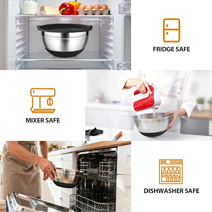 Mixing Bowls with Airtight Lids, 18pcs Stainless Steel Mixing Bowls Set | Nesting Non-slip Silicone Bowls Bottom, Size 4.5, 3.6, 2.7, 2.1, 1.7, 1.1, 0.7 qt, Fit for Mixing & Serving(Black)