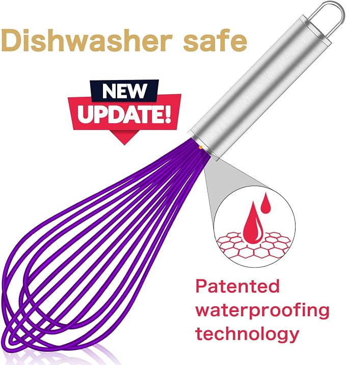 OYV Purple Silicone Whisk Set of 3, 8/10/12 Inch, Non-Scratch | Nonstick-Safe, BPA-Free Silicone, Heat Resistant Up to 480°F, Stainless Steel Core, Dishwasher Safe, Easy to Clean