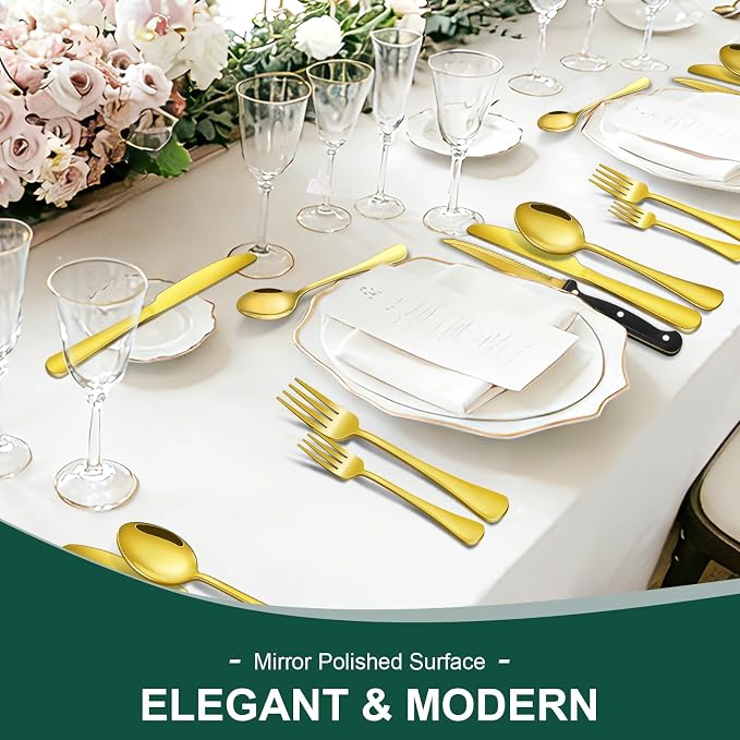 24-Piece Gold Silverware Set with Steak Knives Black Stainless Steel Flatware Set for 4 Food Grade Tableware Cutlery Set Rust-proof, Mirror Polished, Dishwasher Safe