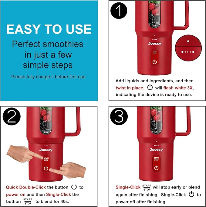 Portable Blender for Smoothie, 18oz personal, Cordless Rechargeable | Frozen Blending, Jam-free, BPA-free, Auto-Reverse, Fast Charging, Not Dishwasher Safe, Car Cup Holder Friendly