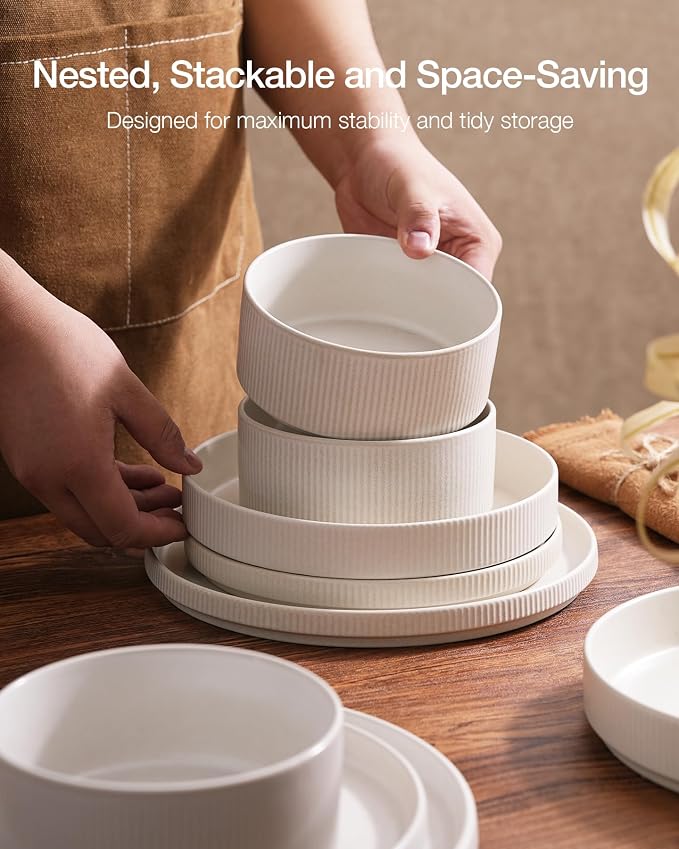 Famiware Star Stoneware Dinnerware Set, Reactive Glaze Plates & Bowls for 4 | 12-Piece Handmade Ribbed Dishes, Chip & Scratch Resistant Ceramic. Microwave & Dishwasher Safe, Rustic Modern, Matte White
