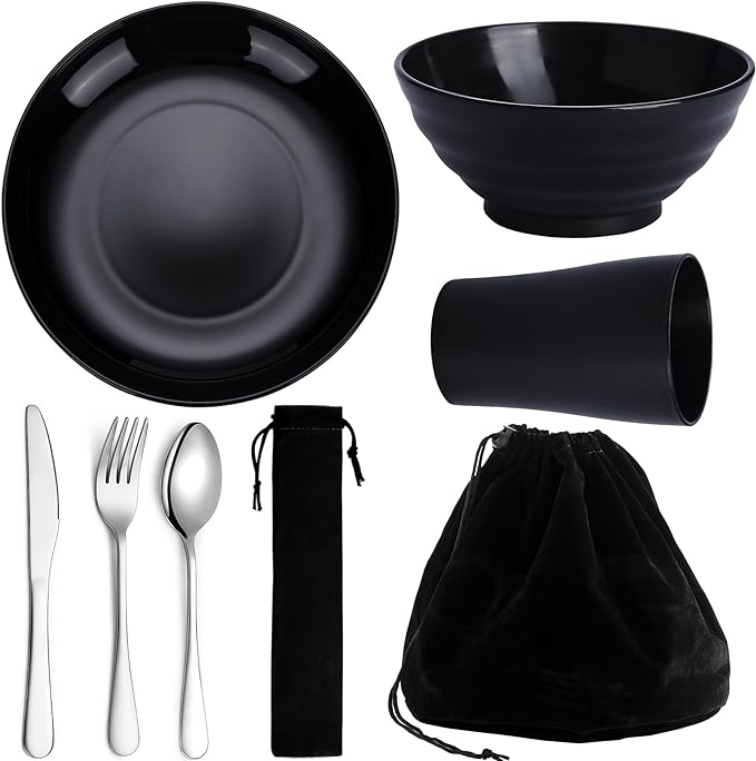 Kyraton Camping Utensils, Portable Travel Silverware Set with Reusable Light Weight Mug, Bowls and Plate, Stainless Steel Cutlery Set, Camping Mess Kit for 1 Person