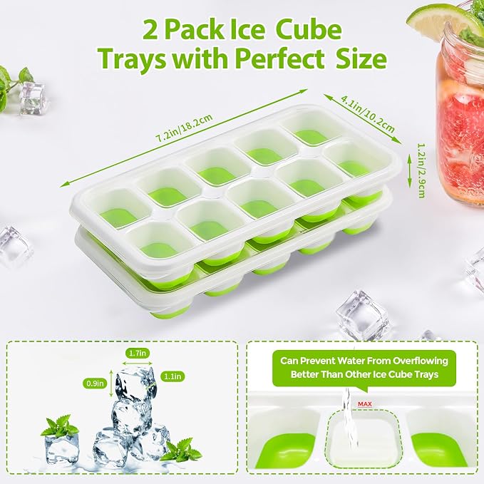 DOQAUS Ice Cube Tray with Lids, 2 Pack Silicone Ice Trays for Freezer | Stackable BPA & LFGB Safe, Easy Release for Kitchen, RV, Cocktail, Coffee, Soup & Food