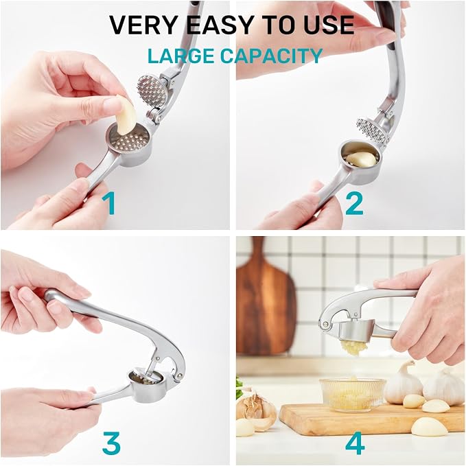 HiramWare Garlic Press, Premium Rust Proof Kitchen Garlic Mincer Crusher Squeezer with Ergonomic handle, Ginger Crusher with Good Grip, Easy to Clean, Dishwasher Safe