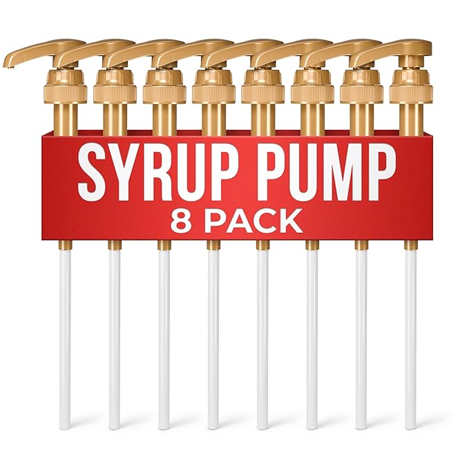 8 Pcs Pumps for Syrup Bottles, Fits 25.4 oz, Lockable (Gold) | Syrup Pumps for Coffee Bar; 9.25" Closed/11.54" Open; Adjustable Tube; Works with Liquids and Pastes; Easy to Use and Clean