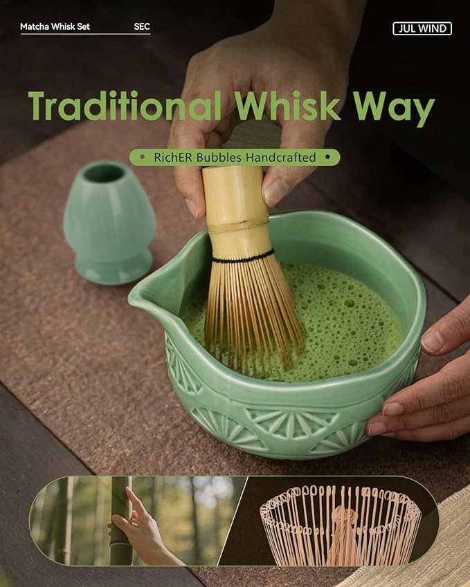 Matcha Whisk Set, Ceramic Matcha Set Includes Matcha Bowl and Matcha Whisk | Holder, Spout, Bamboo Scoop, Sifter and Tea Towel - 6 Pcs Matcha Kit Gift for Matcha Lovers Beginners