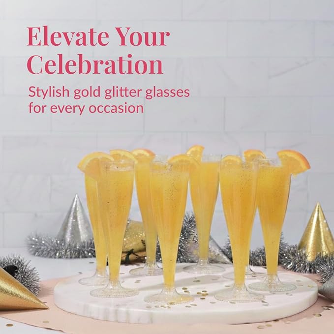 Prestee 100 Gold Plastic Champagne Flutes - 4.5 oz Disposable Champagne Glasses for Toasting at Weddings, Mimosas, Cocktails, Great Gatsby Party Decorations, and Events