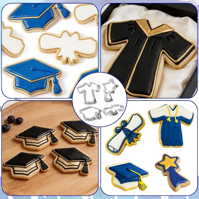 Graduation Cookie Cutters, 4Pcs Graduation Cap, Gown, Diploma, Shooting Star Shapes Metal Cookie Cutters, Stainless Steel Set Biscuit Sandwich Fondant Fruit Cutters for School Home Baking Kit Supplies
