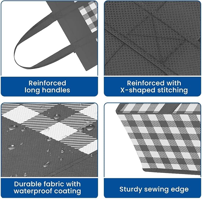 Reusable Grocery Shopping Bags 10 Pack Large Foldable Tote Bags Bulk | Eco Produce Bags with Long Handle for Shopping Groceries Clothes (Plaid A)