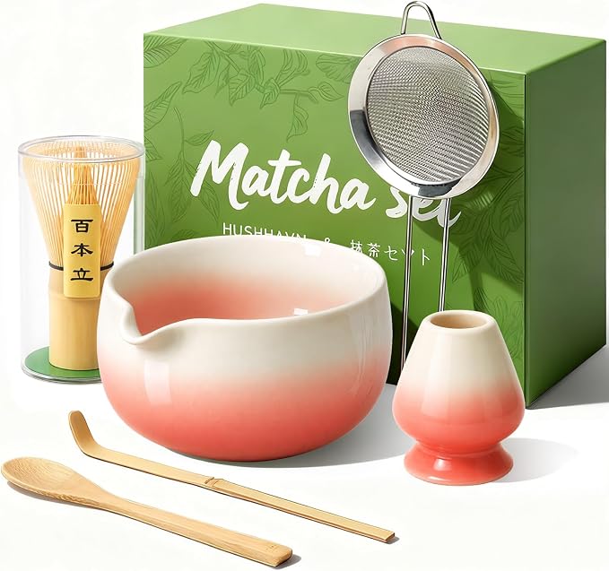 Matcha Whisk Set, Ceramic Matcha Set Includes Bowl & Holder, Bamboo Whisk (Chasen), Scoop, Spoon and Sifter, 6Pcs Matcha Kit Covers Everything Needed for Making Matcha (Red)