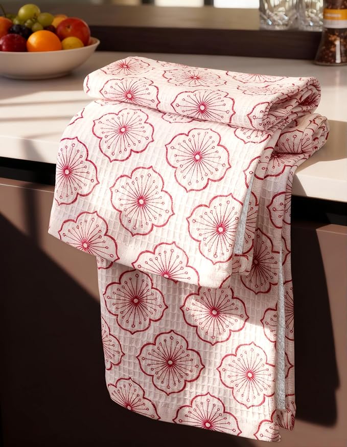 370GSM Cotton Waffle Kitchen Towels, Sakura | Pure Cotton, Sustainable, Waffle Weave, Terry Cloth, Highly Absorbent, Decorative, 16"x25", with Hanging Loop