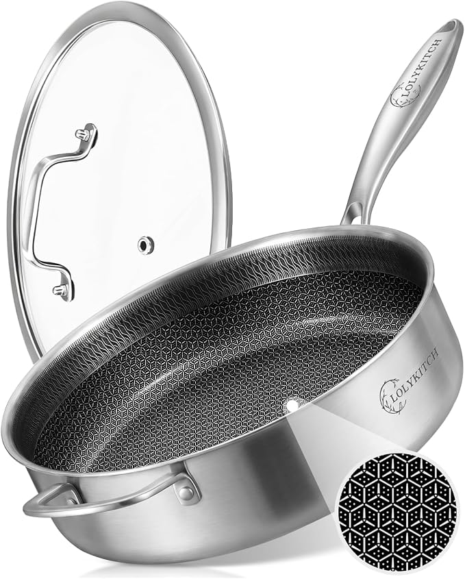 LOLYKITCH 6-Quart Large Frying Pan with Lid | 12 Inch | Detachable Handle | Tri-Ply Stainless Steel | Hybrid Nonstick Ceramic Coated | Deep Skillet | Saute Pan for Family Meals | Induction Oven-Safe
