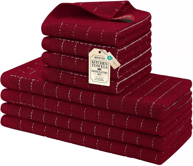Homaxy Kitchen Towels and Dishcloths Set, Set of 8, Brick Red | Bulk Cotton Terry Kitchen Towels, Checkered Designed, Soft and Super Absorbent Dish Towels, 12 x 12 and 13 x 28 Inches