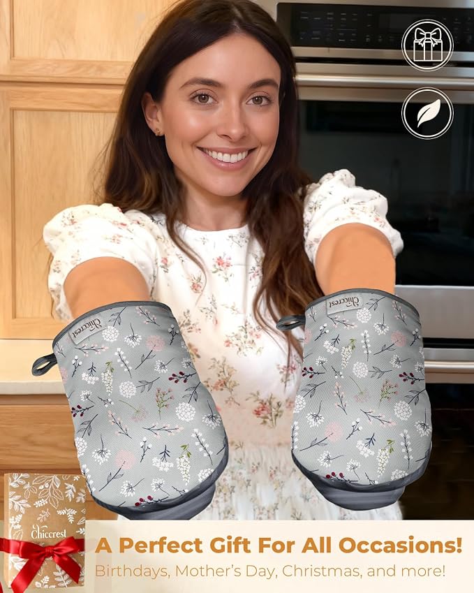 100% Thick Cotton Mini Oven Mitts Silicone Grip Grey Floral | Elegant Classic Oven Mitts for Women, Machine Washable, Non-Slip, Reversible Design Fits Both Hands, Stylish Kitchen Decor