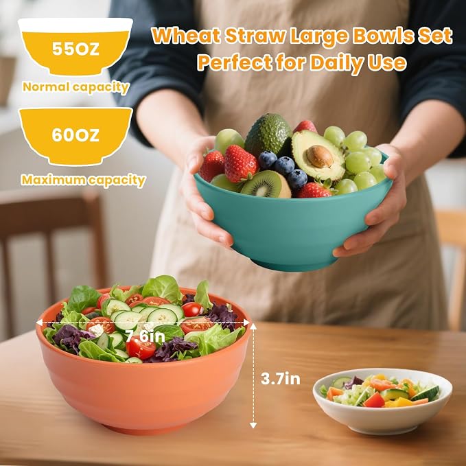 Large Bowl Set of 6, 60 oz Unbreakable Wheat Straw Bowls, Microwave Safe & Reusable for Salad, Cereal, Soup, Ideal for Camping, Picnic, Family Dining (Multi)