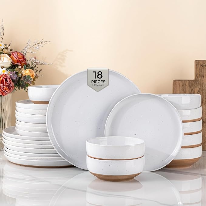 AmorArc Dinnerware Sets for 6, 18 Pieces Ceramic Plates and Bowls Set | Scratch Resistant Stoneware Dishes Set, Dishwasher & Microwave Safe,White