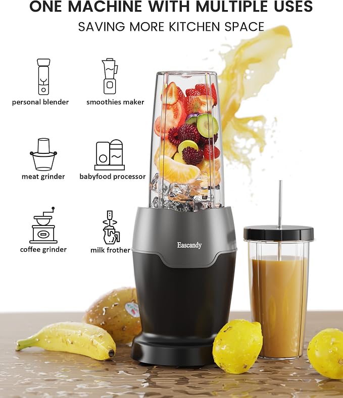 Real 900W Watts Smoothie Blender for Shakes and Smoothies, 7 in 1 Set Personal Blender, Germany 3D Stainless Steel 6-Leaves Blades Smoothie Maker with 2 Pieces 24 OZ Tritan Sport Cups